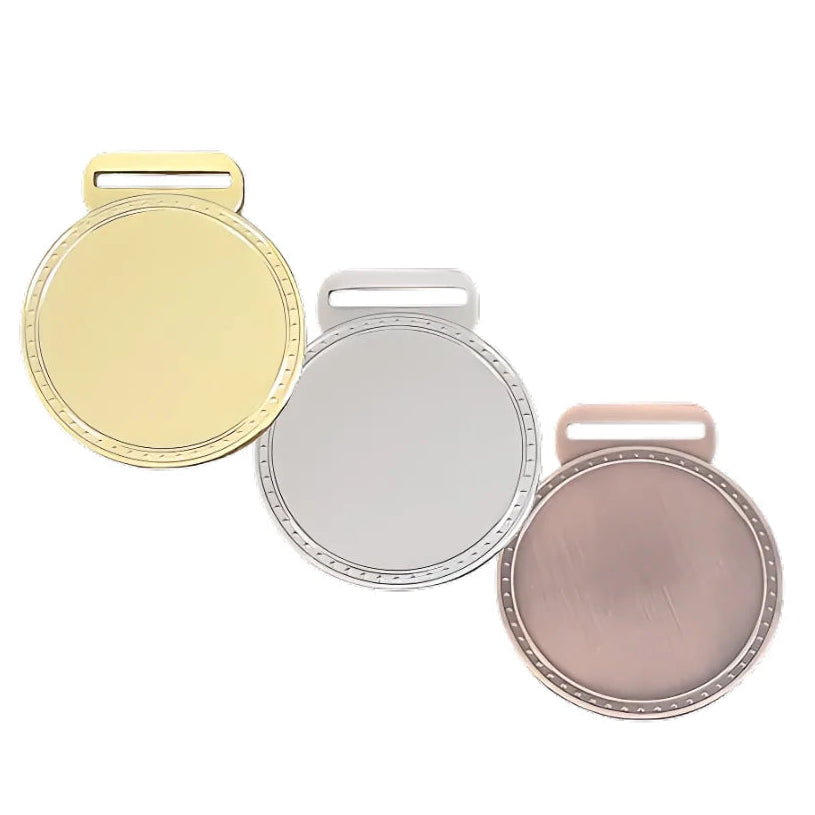 Three medals in gold, silver, and bronze colors with a large central insert area, isolated on a white background.