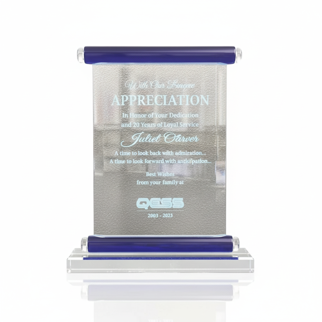 Scroll Glass Award - Woolf's Trophies And Engravers