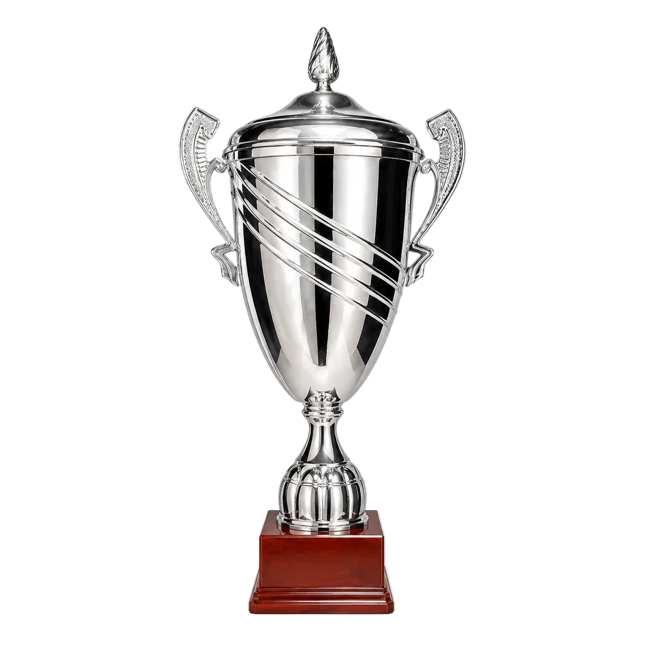 Silver trophy with a brown base on a white background