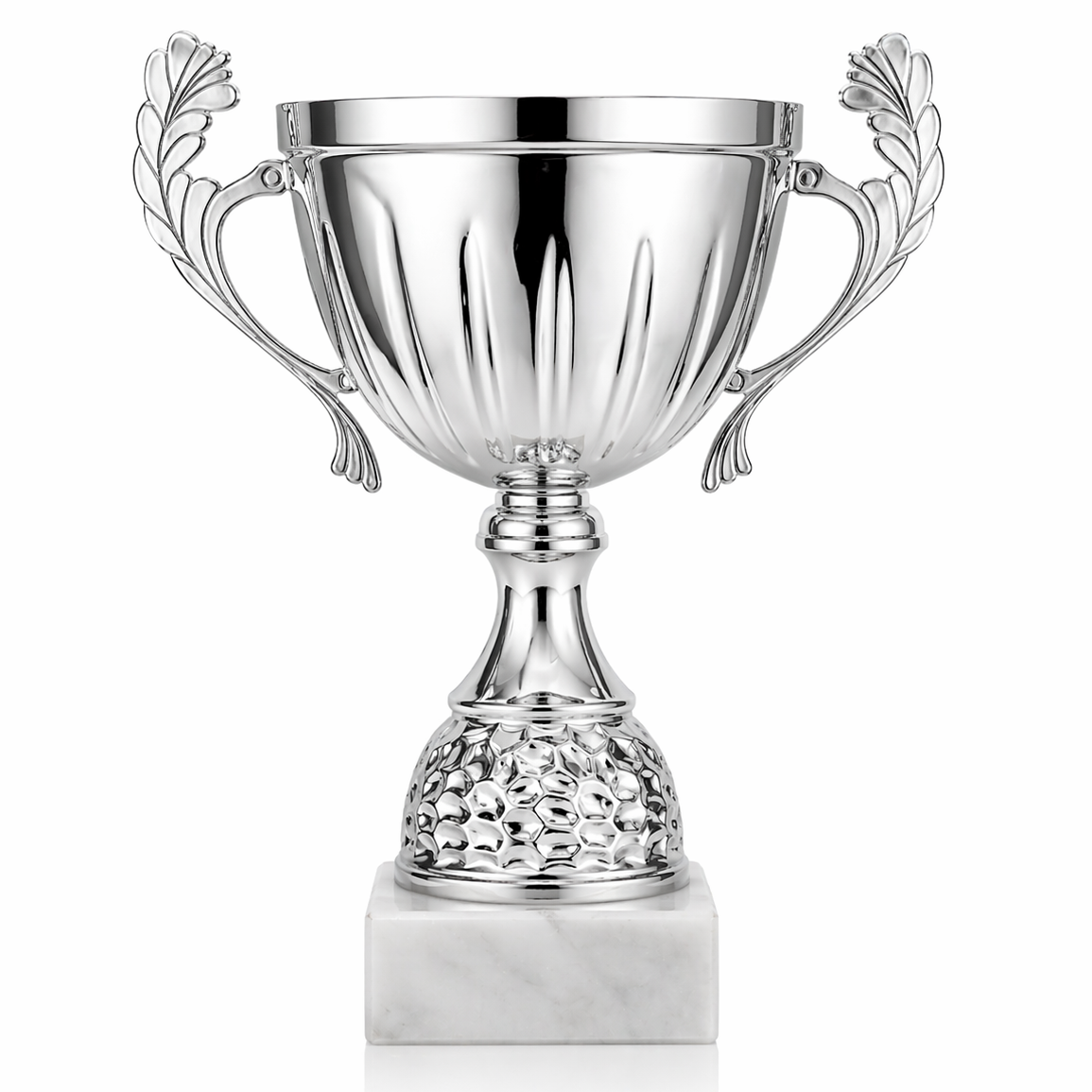 Silver trophy cup with decorative handles on a white background